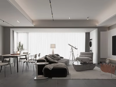 Modern Living And Dining Room Interior Design With Large Windows Sofa Dining Table And Chairs 3d model