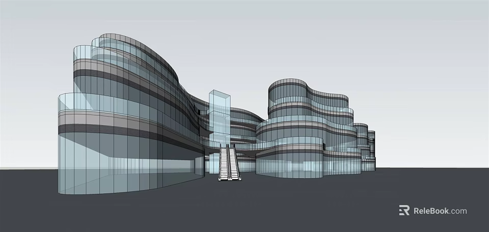Modern Commercial Complex Featuring Glass Curtain Walls And Connected Building Design 3d model 