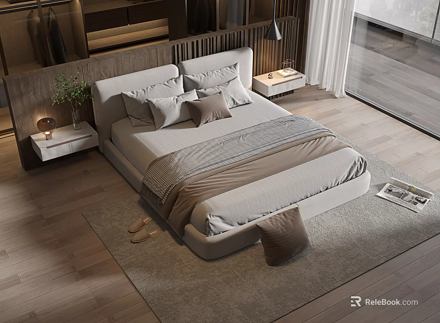 Modern Bedroom Interior Design With Platform Bed Nightstand Table Lamp And Area Rug 3d model 