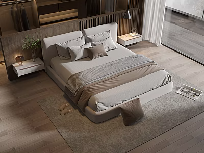 Modern Bedroom Interior Design With Platform Bed Nightstand Table Lamp And Area Rug 3d model