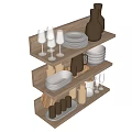 Multi Tiered Wooden Shelf Displaying Dinnerware Set With Plates Bowls Glasses And Jars
