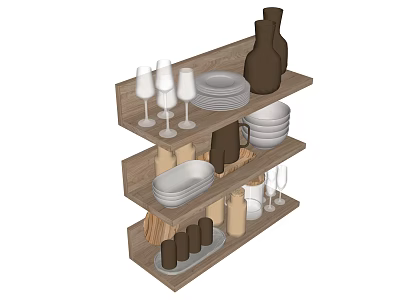 Multi Tiered Wooden Shelf Displaying Dinnerware Set With Plates Bowls Glasses And Jars 3d model