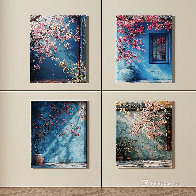 Cherry Blossom Oil Paintings With Blue Walls Windows And Clay Pots 3d model 