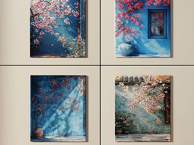 Cherry Blossom Oil Paintings With Blue Walls Windows And Clay Pots 3d model