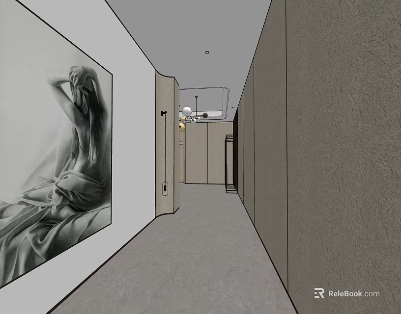 Modern Elevator Hallway Design With Wall Art And Recessed Lighting 3d model