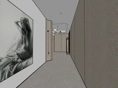 Modern Elevator Hallway Design With Wall Art And Recessed Lighting 3d model