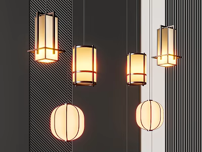 Multiple Modern Pendant Lights In Different Shapes Illuminated Against Dark Striped Walls 3d model