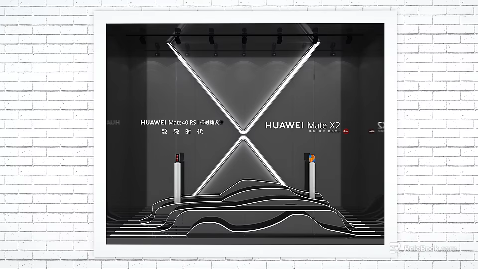 HUAWEI Mate V2 Modern Window Display With X Shaped Lighting And Wavy Stand 3d model 