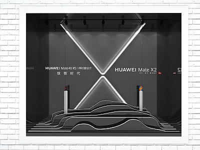 HUAWEI Mate V2 Modern Window Display With X Shaped Lighting And Wavy Stand 3d model