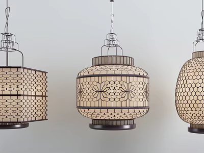 Three Traditional Oriental Pendant Lights with Intricate Floral Patterns and Metal Frames 3d model