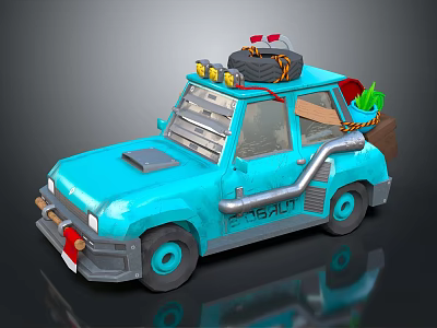 Turquoise Off Road Car With Spare Tire Roof Rack And Green Plant Decoration 3d model