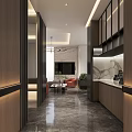 Modern Elevator Lobby Design With Wooden Panel Walls Marble Flooring And Decorative Plants
