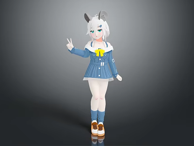 Anime Style Game And Movie Character With White Hair Blue Outfit Horns And Yellow Bow 3d model