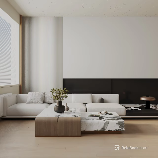 White Three Seater Sofa In Minimalist Living Room With Striped Wall Coffee Table And Green Plant 3d model 