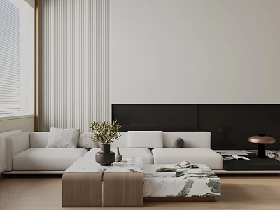 White Three Seater Sofa In Minimalist Living Room With Striped Wall Coffee Table And Green Plant 3d model