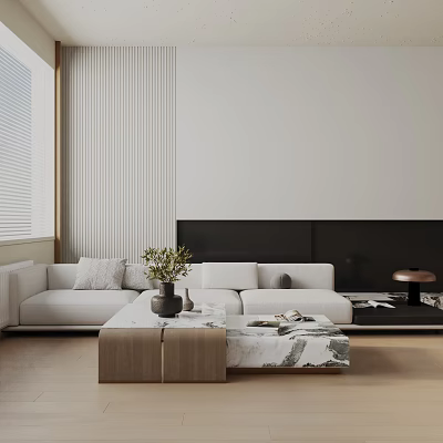 White Three Seater Sofa In Minimalist Living Room With Striped Wall Coffee Table And Green Plant 3d model