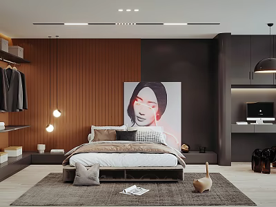 Modern Bedroom Interior With Wooden Panel Wall Large Painting Hanging Lights And Area Rug 3d model