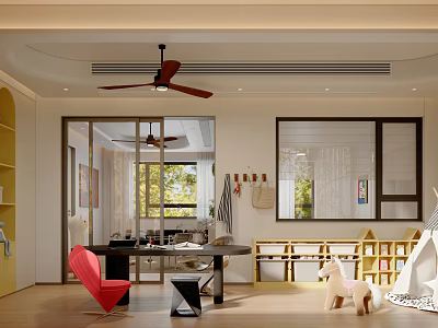 Entertainment Room Interior Design With Red Chair Black Table Yellow Bookshelves And Kids Play Tent 3d model
