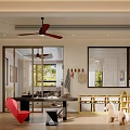 Entertainment Room Interior Design With Red Chair Black Table Yellow Bookshelves And Kids Play Tent