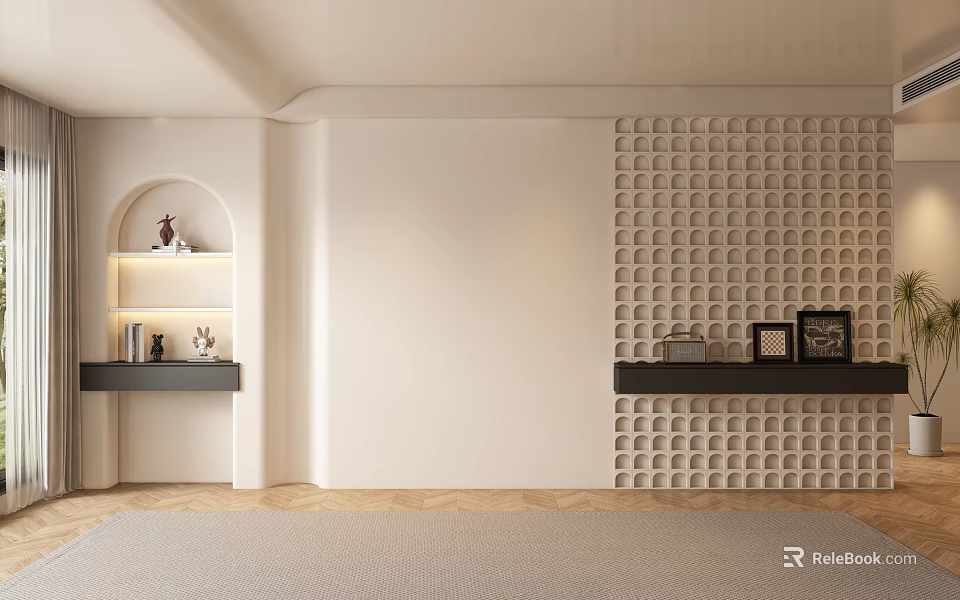 Stylish Modern Sofa Background Wall With Perforated Panel Design And Shelf Niches 3d model 