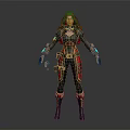 Game Movie Character with Red Hair Black Outfit Gold Red Accents Green Glowing Combat Gear