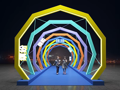 Colorful Geometric Event Entrance With Neon Lights Blue Walkway And Two People Standing At Night 3d model