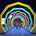 Colorful Geometric Event Entrance With Neon Lights Blue Walkway And Two People Standing At Night