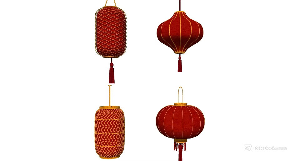 Chinese Traditional Red Lantern Chandeliers with Decorative Tassels and Various Shapes 3d model 