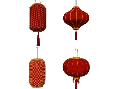 Chinese Traditional Red Lantern Chandeliers with Decorative Tassels and Various Shapes 3d model
