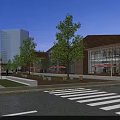 Vibrant Commercial Street With Modern Glass Buildings Trees Pedestrians And Night Lighting