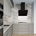 Modern Kitchen Interior With Grey Cabinets Marble Wall Black Range Hood And Built In Oven