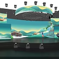 Stage Design With Blue Lighting Mountain Landscape Screens And People Presenting