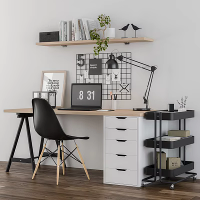 Modern Desk with Black Chair Laptop Table Lamp Shelf and Wall Decor 3d model