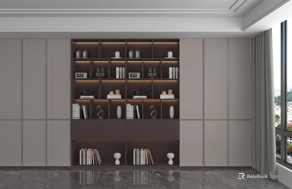 Display Storage Cabinet In Modern Living Room Interior With Books And Decorative Items 3d model 