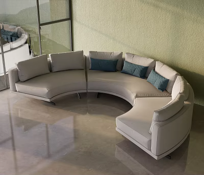 Curved Sofa With Light Gray Upholstery And Blue Cushions In Modern Living Room Interior 3d model