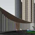 Modern High Rise Residential Buildings With Central Entrance Fountain Car And Green Landscape