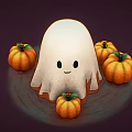 Cute Little White Ghost With Smiling Face And Surrounding Orange Pumpkins On Dark Background