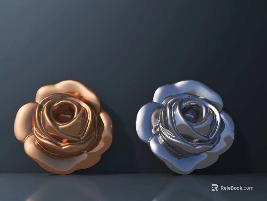 Exquisite Carved Rose Ornaments in Copper and Silver on Dark Background 3d model 