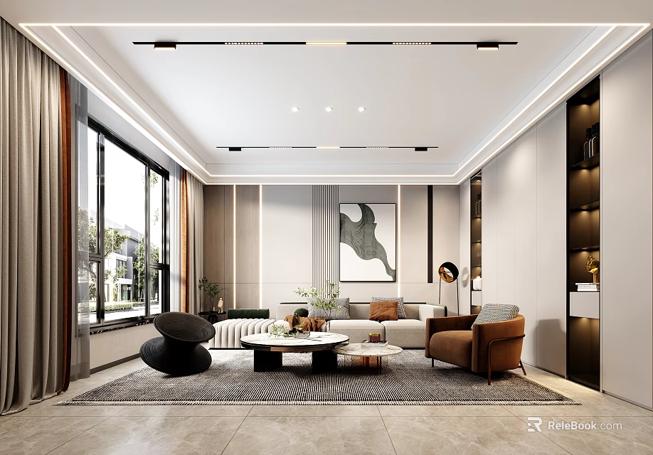 Modern Living Dining Room Interior Design With Sofa Coffee Table And Large Windows 3d model