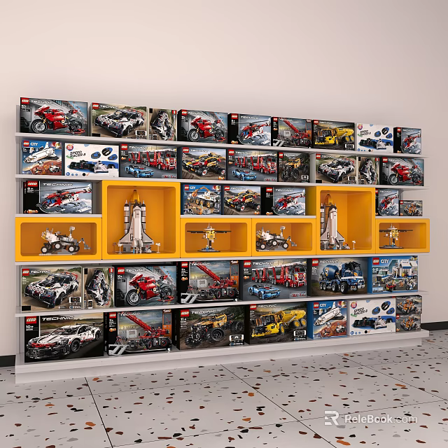 Display Shelf Showcasing Various Lego Models with Multiple Layers and Yellow Compartments 3d model