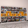 Display Shelf Showcasing Various Lego Models with Multiple Layers and Yellow Compartments 3d model