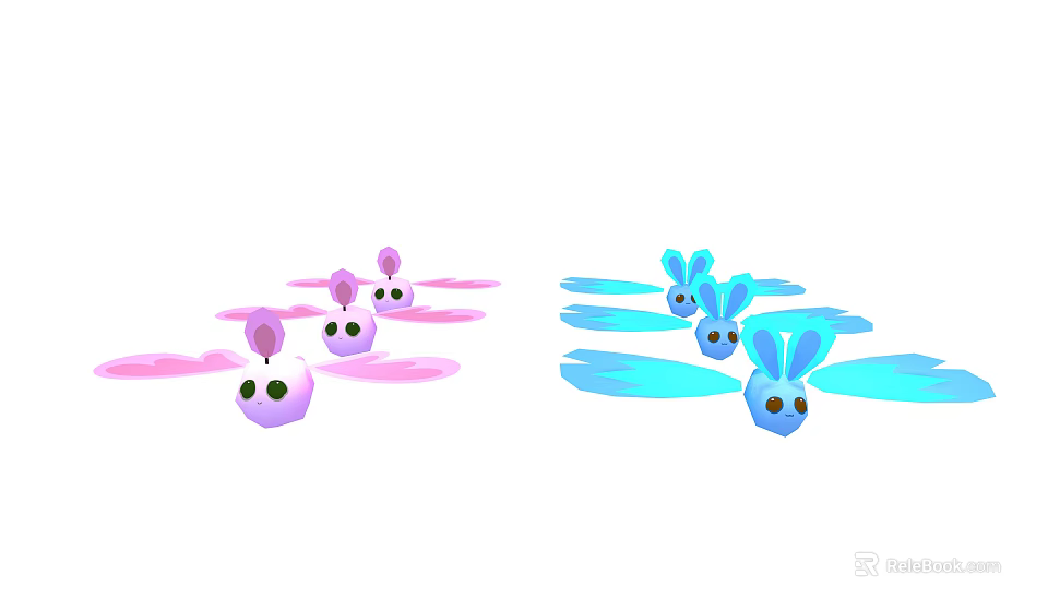 Cute Pink and Blue Flying Rabbit Characters with Wings in Game Movies 3d model 