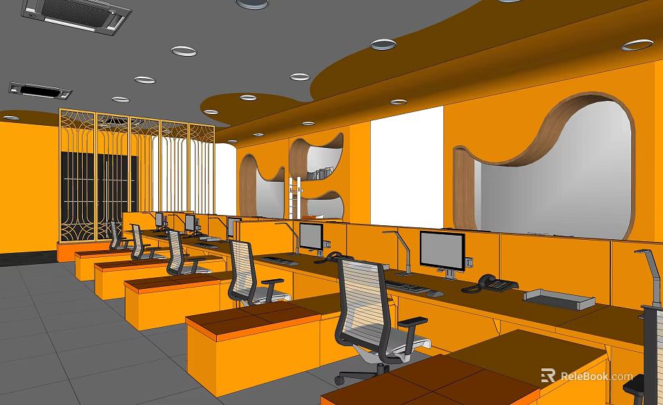 Modern Public Office Space With Orange Workstations Computers And Ergonomic Chairs Open Layout Design 3d model