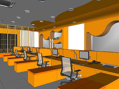 Modern Public Office Space With Orange Workstations Computers And Ergonomic Chairs Open Layout Design 3d model