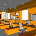 Modern Public Office Space With Orange Workstations Computers And Ergonomic Chairs Open Layout Design 3d model