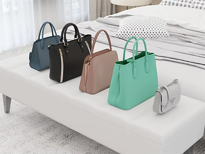 Stylish Leather Handbags In Various Colors Placed On White Bench In Bedroom 3d model