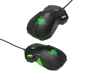 Black Wired Gaming Mouse With Green LED Lighting And Brand Logo Design 3d model