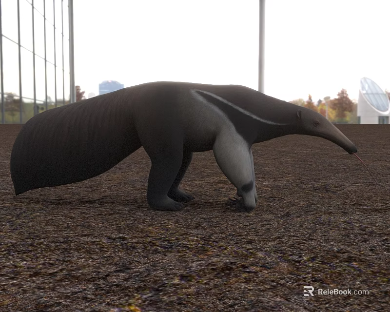 Reptile Standing On Leaf Covered Ground With Glass Wall And Trees In Background 3d model 