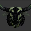 Sci fi Character With Futuristic Mechanical Bull Head Green Horns And Black Armor