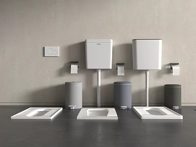 Modern Bathroom Fixtures With Squat Toilets Water Tanks Trash Bins And Holders 3d model
